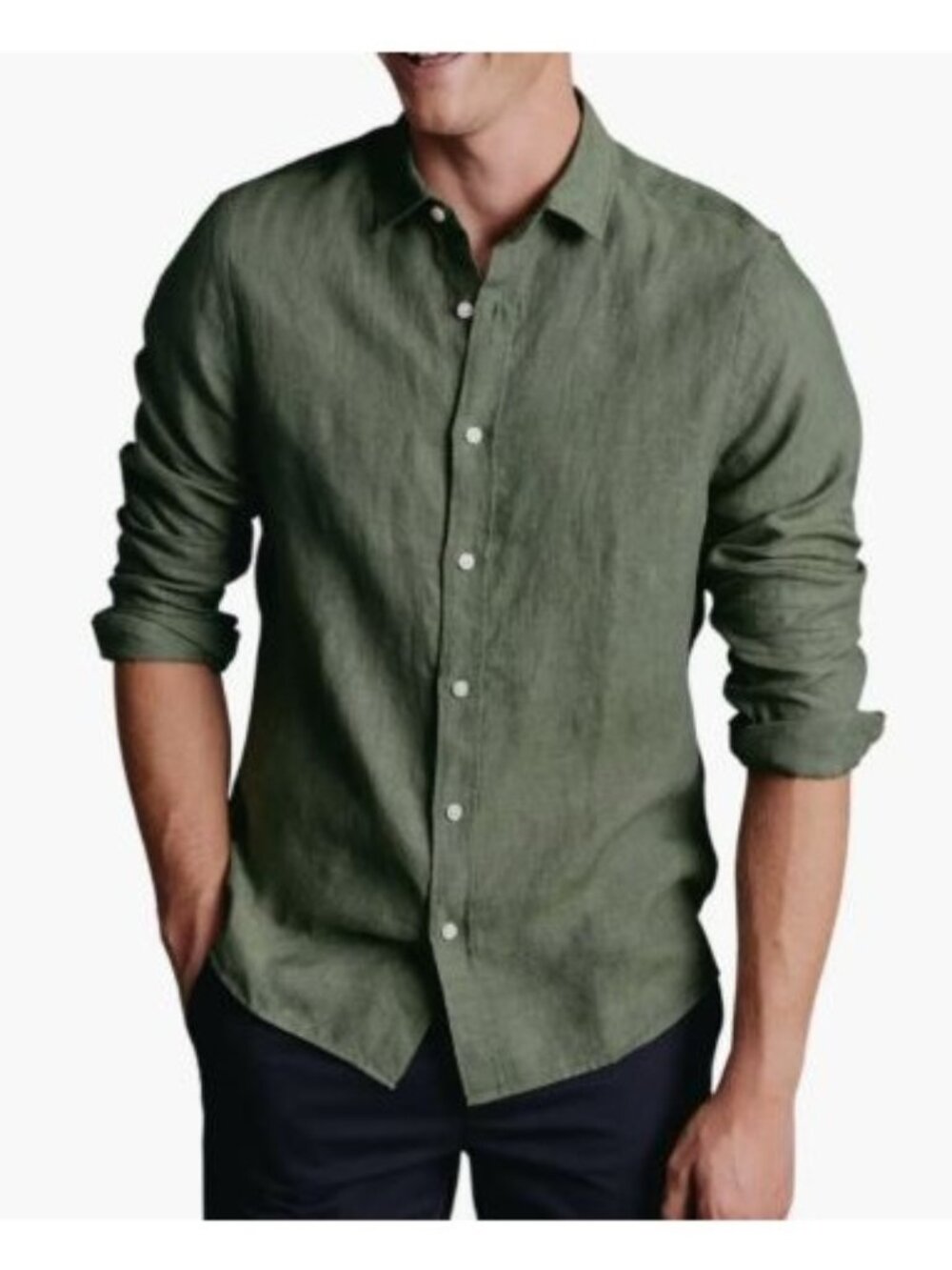 Charles Tyrwhitt Olive Green Pure Linen Slim Fit Shirt Men Size Medium NWT